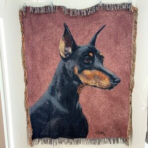 Picken Doberman Pinscher Woven Tapestry Throw Blanket Fringed Dog Art Cotton VTG